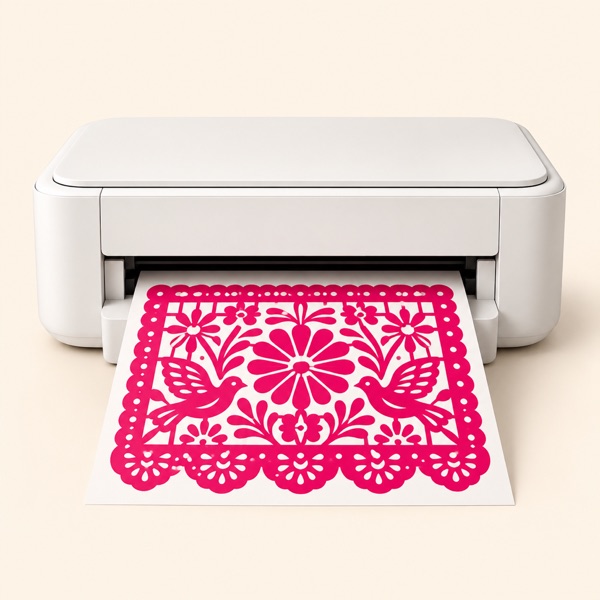 A home printer printing a papel picado template