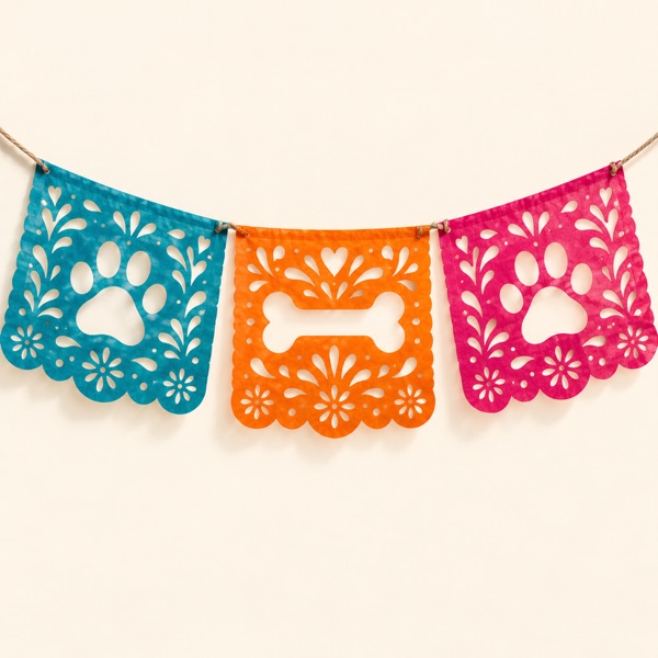 A string of papel picado with paw and bone cutouts