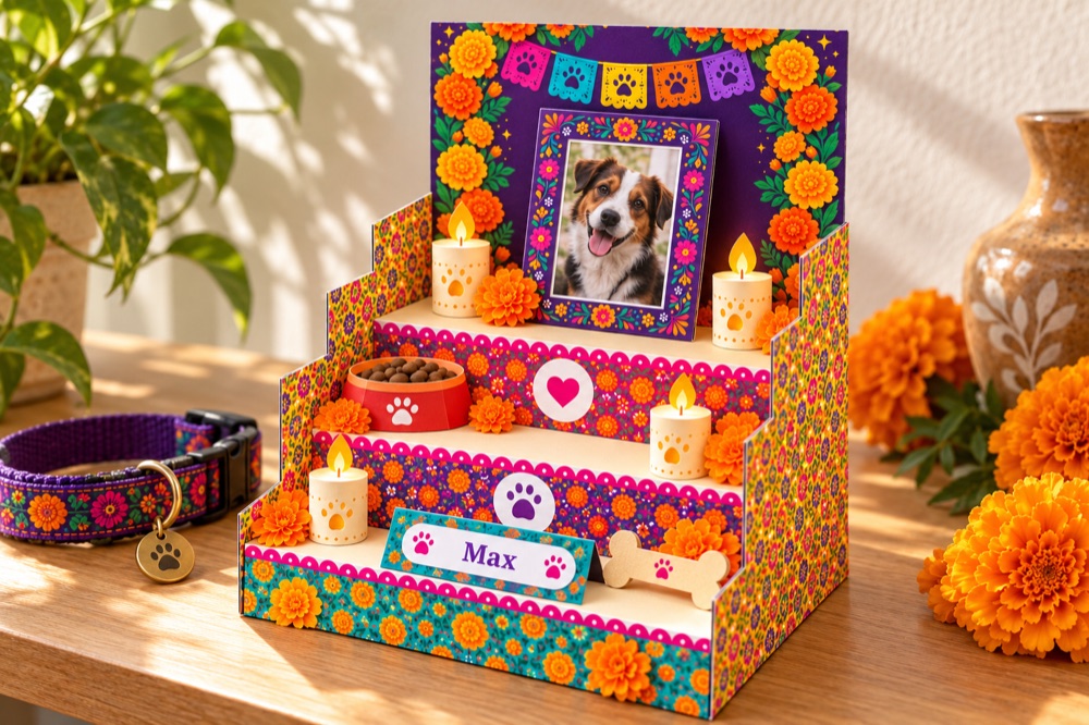 A finished paper pet ofrenda with three steps, a marigold arch, candles, a bowl and a dog photo