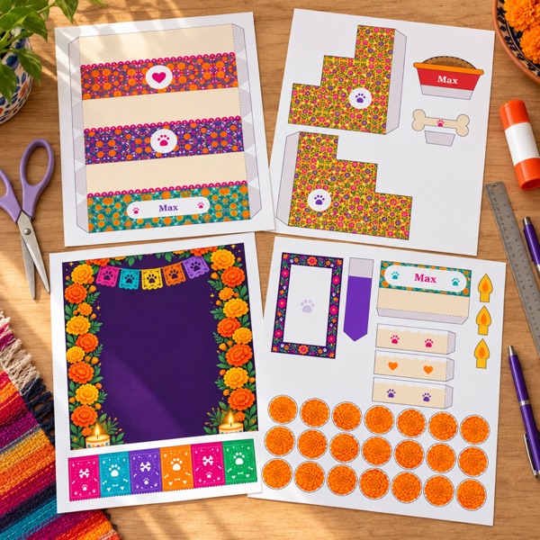 The four printed kit pages with scissors, glue and a ruler