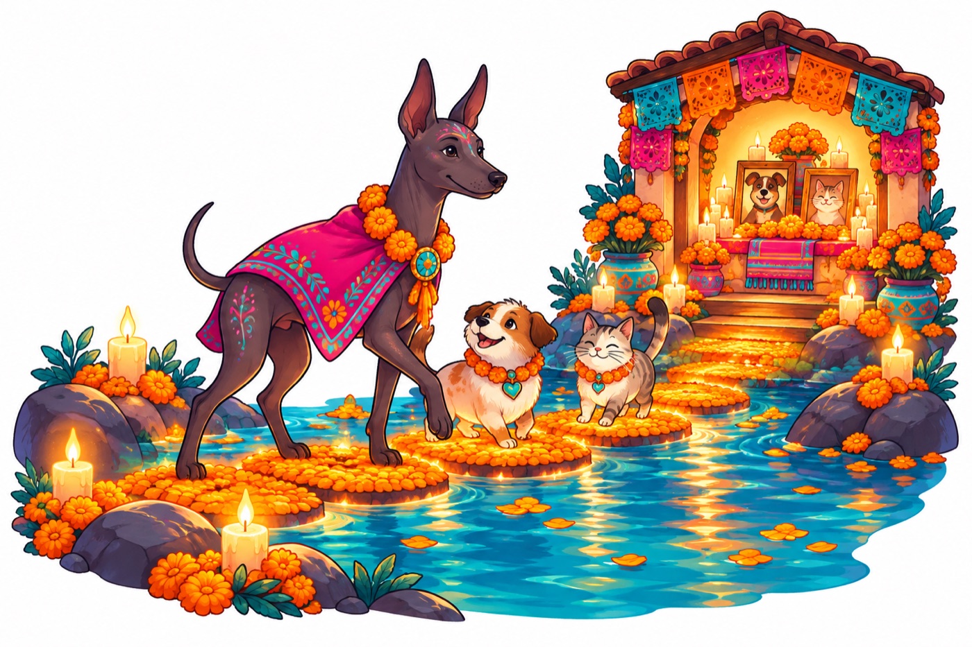 A Xoloitzcuintle dog leads a small dog and a cat along a path of marigold petals toward a home ofrenda