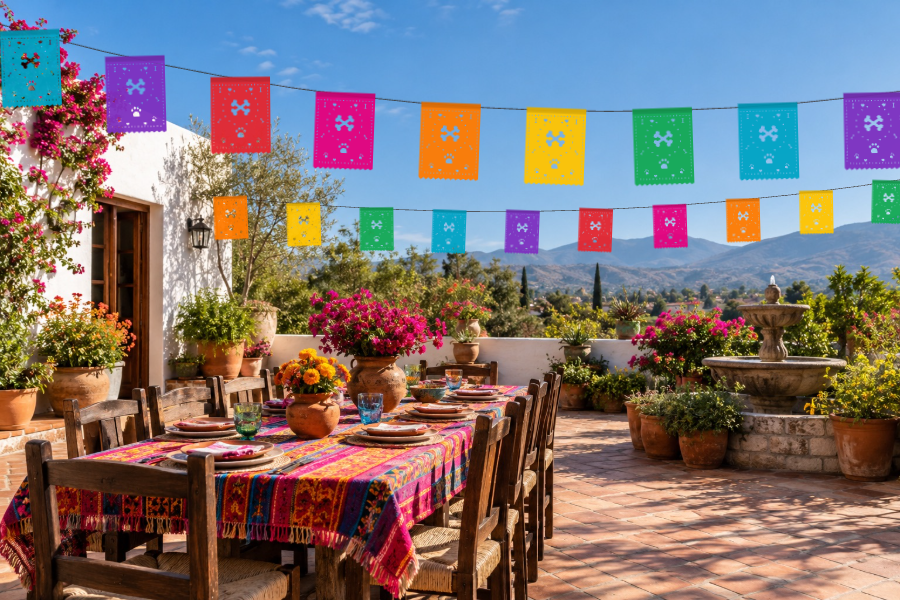 Dog-bone papel picado strung across a sunny patio